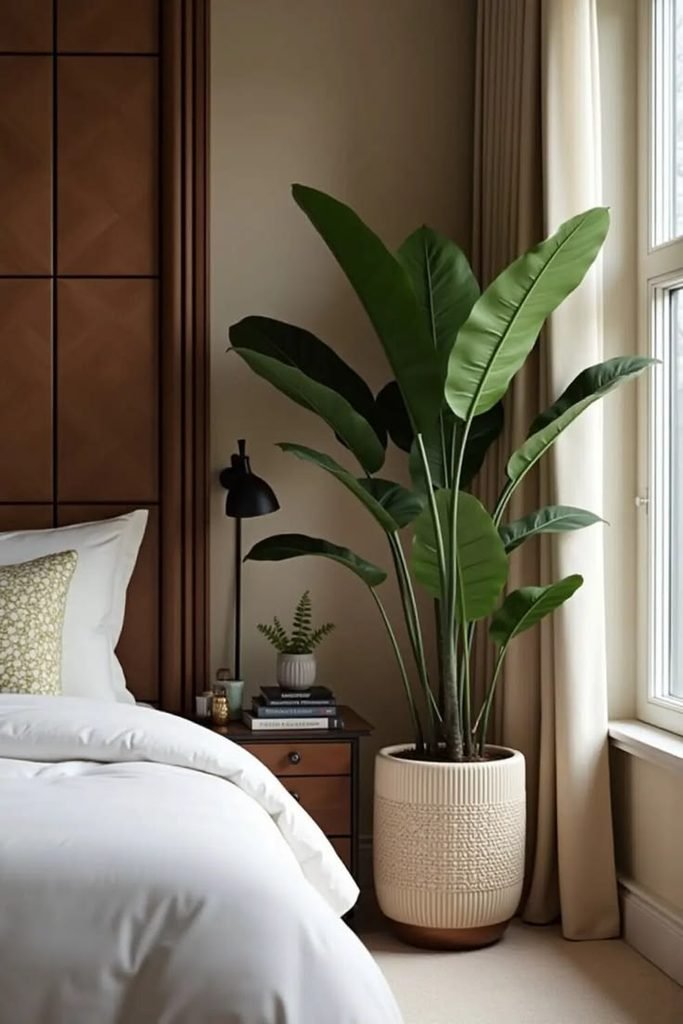 tall indoor plant in a woven planter in a cozy bedroom corner
