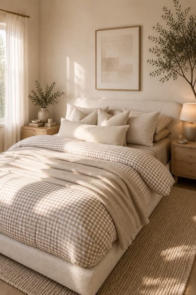 Textured throw blanket casually draped across a cozy bedroom bed