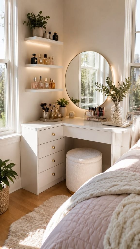 Small cozy bedroom dressing corner with mirror and upholstered stool