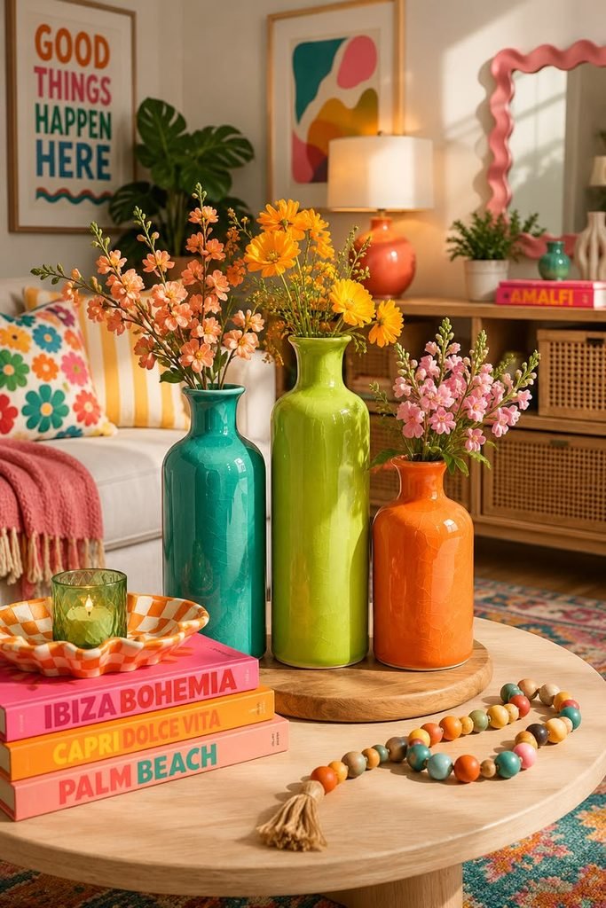 Colorful ceramic vase with branches displayed on a bedroom dresser