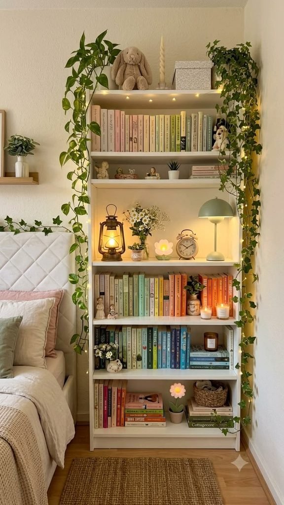 bookshelf styled with books, ceramics, artwork, and a small plant