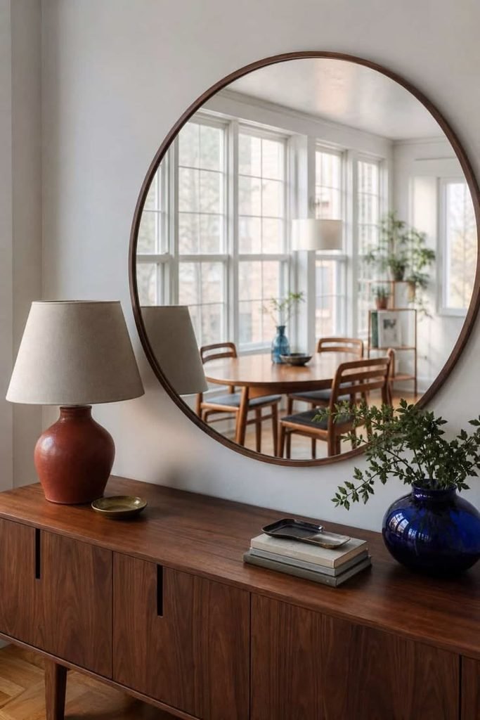 Cozy entryway table with a round mirror and simple decorative styling
