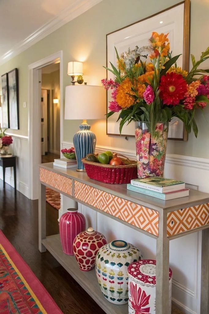 Colorful ceramic table lamp styled on a cozy entryway table