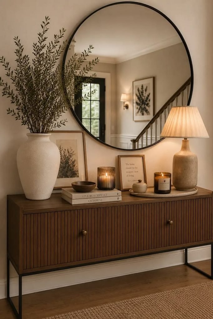 Large ceramic vase styled on a warm wooden entryway table