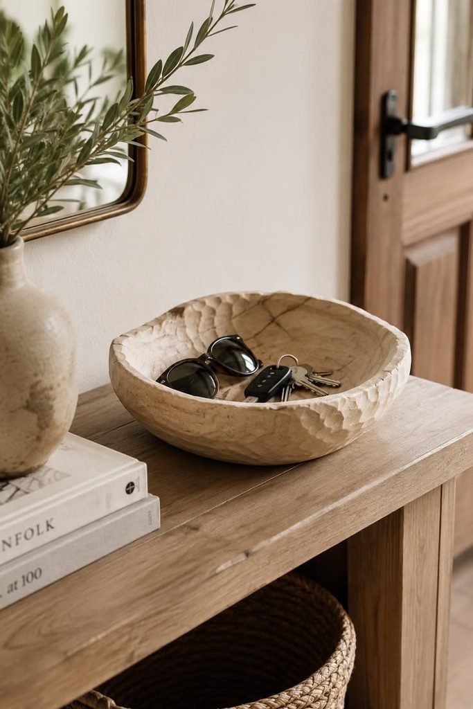 Decorative ceramic bowl for keys on an entryway table