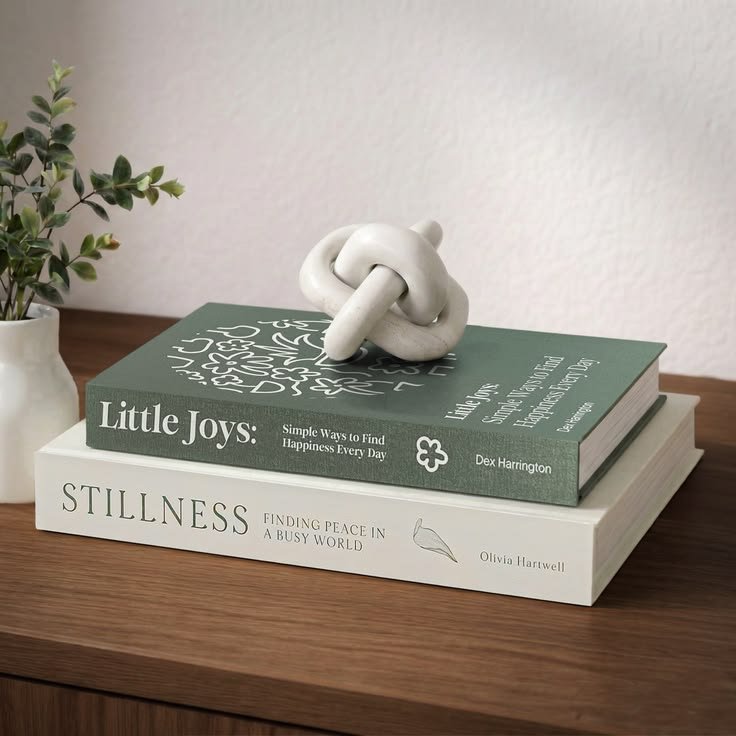 Stack of design books styled on a cozy entryway table