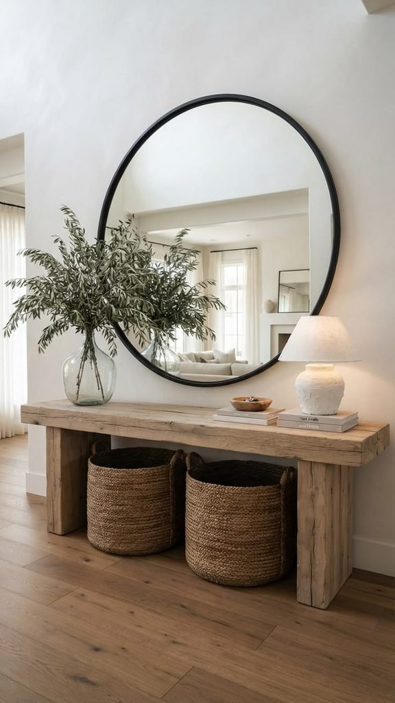 Woven basket placed underneath a wooden entryway table decor ideas