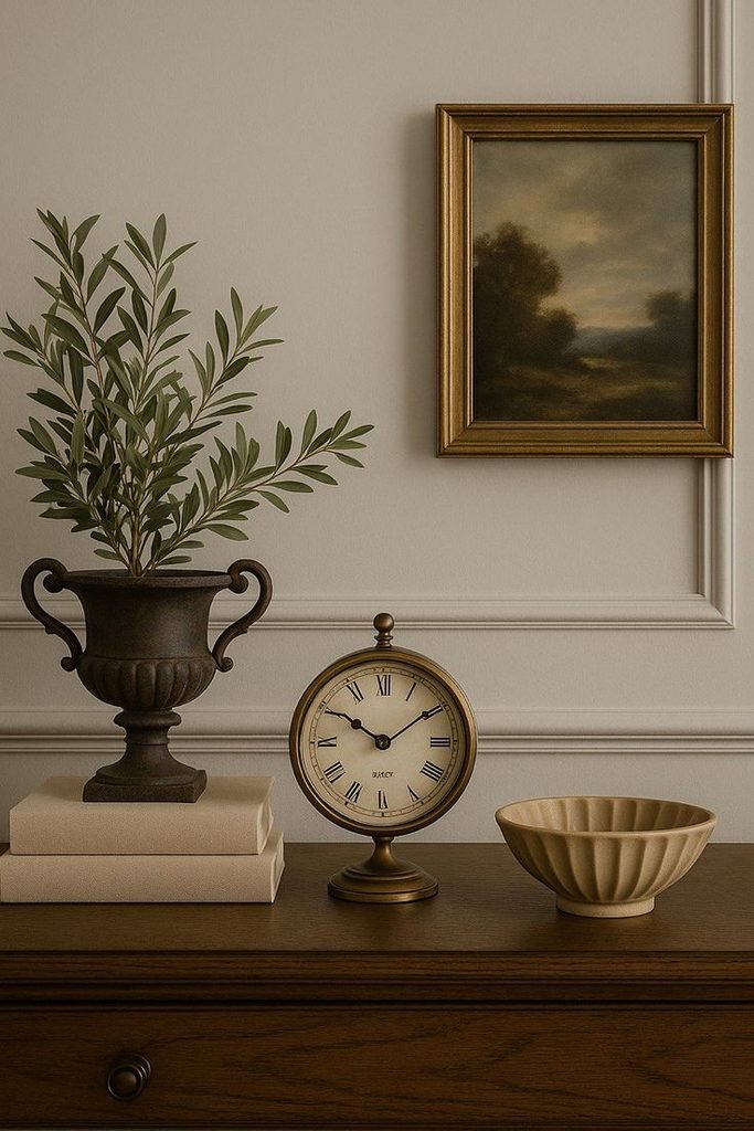 Vintage decorative object styled on a modern entryway table