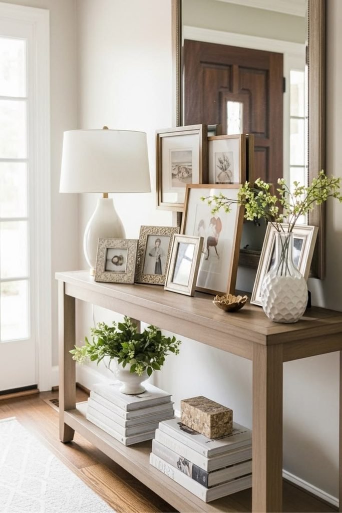 Layered entryway table styling with a lamp vase artwork and books