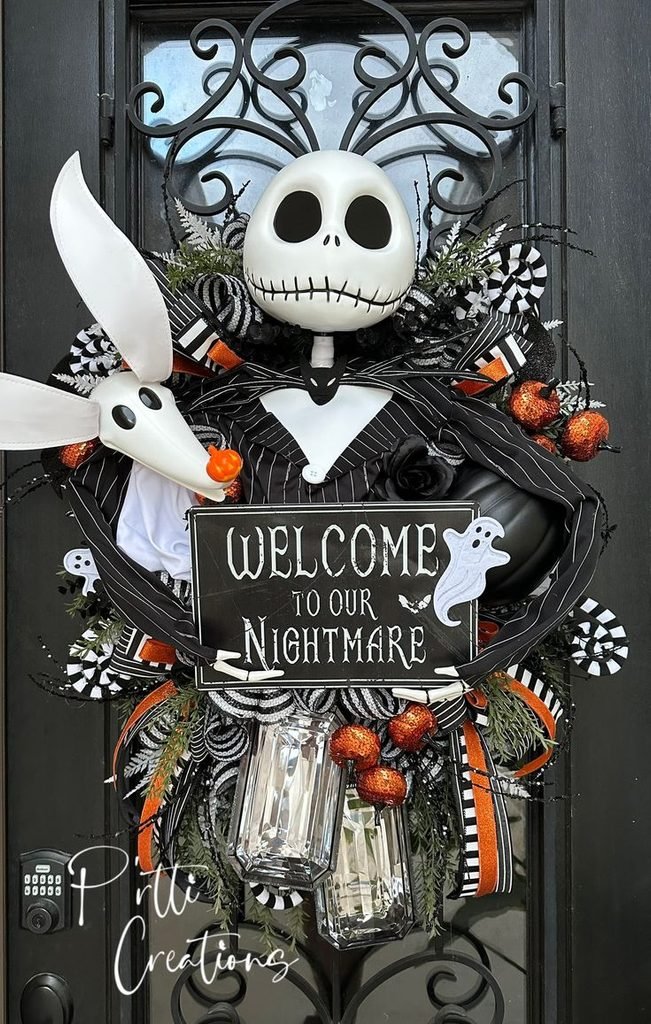 Jack Skellington inspired front door decorated for Halloween