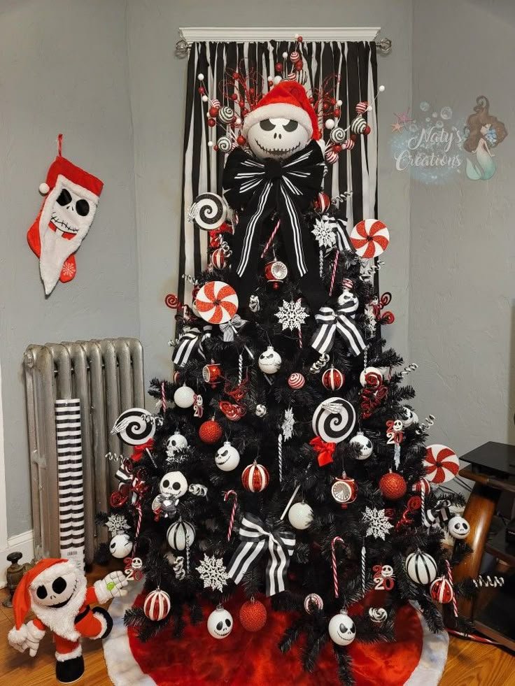 Black Christmas tree with Nightmare Before Christmas inspired decorations