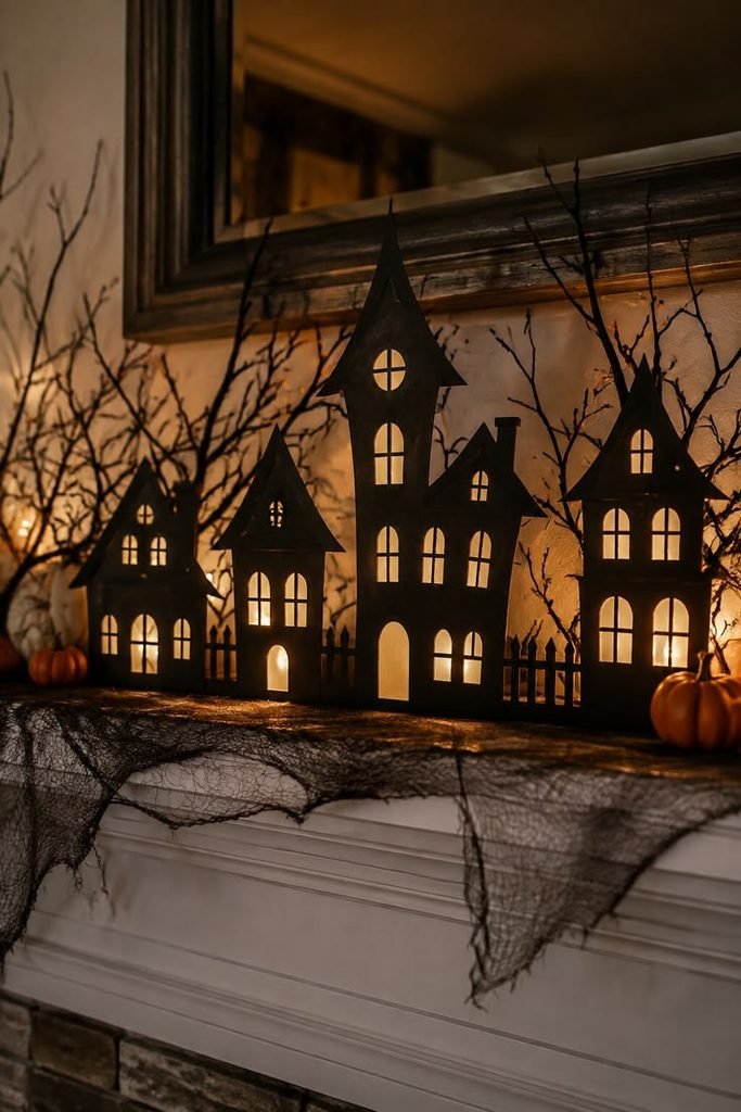 Halloween Town inspired fireplace mantel with spooky nightmare before Christmas decorations ideas