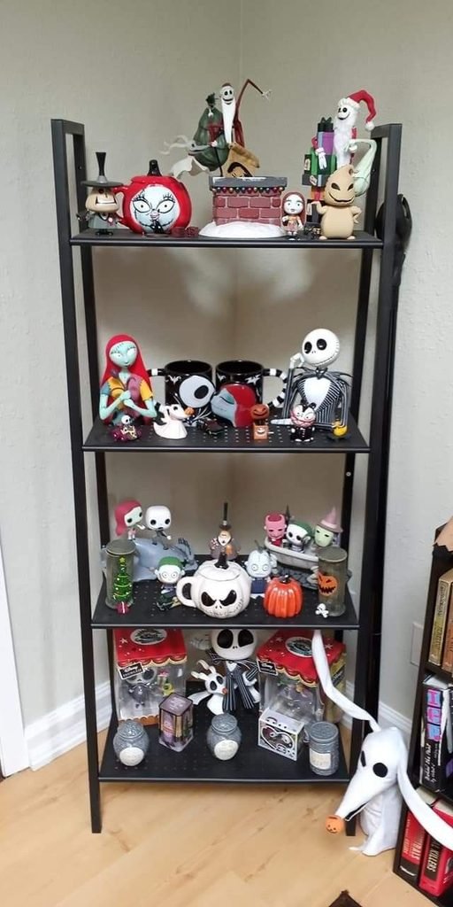 Jack and Sally inspired shelf display with spooky home decor