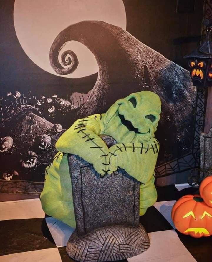 Oogie Boogie inspired game room display with green and black decor