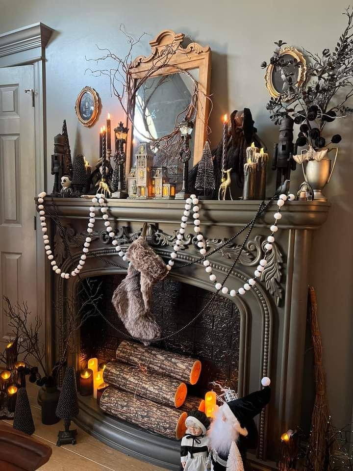 Black white and purple Nightmare Before Christmas Christmas mantel