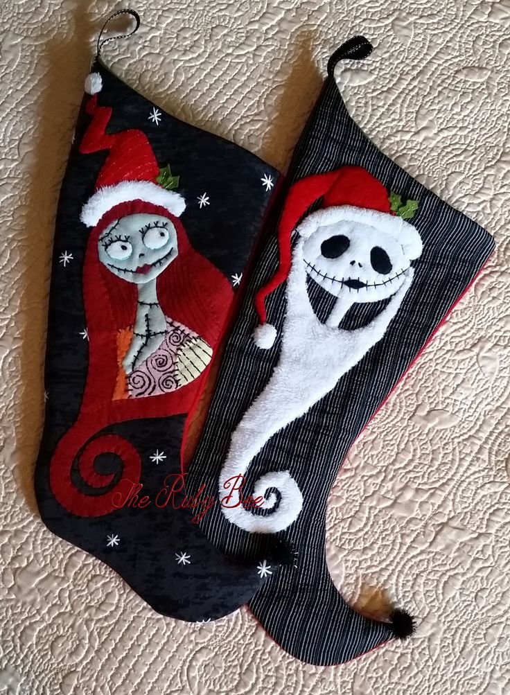 Black white striped and patchwork Christmas stockings inspired by Nightmare Before Christmas