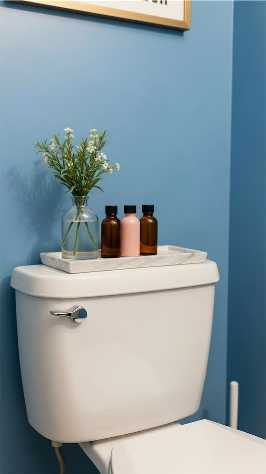 Small green plant in a ceramic planter on a toilet tank