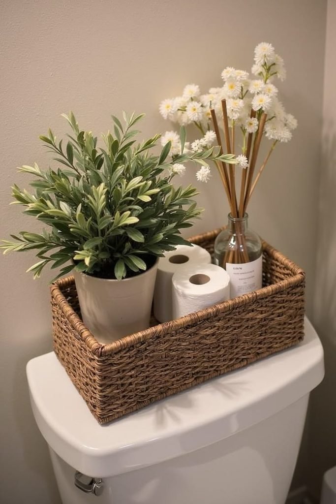 Small woven basket styled on a bathroom toilet tank