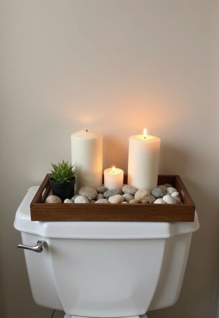 Single decorative candle styled on top of a bathroom toilet tank