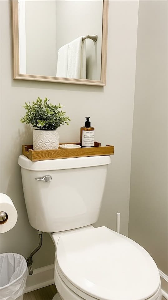 Small decorative bowl styled on a bathroom toilet tank