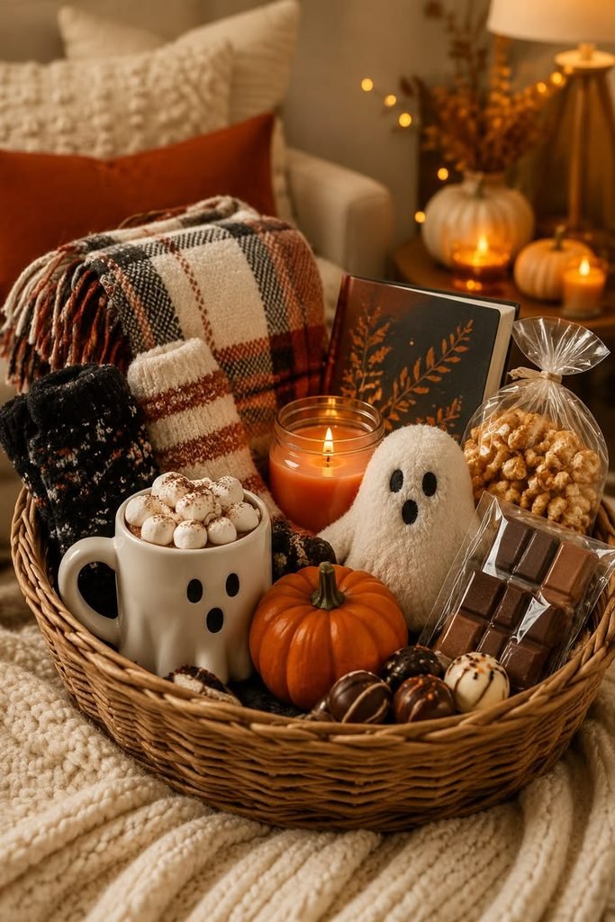 Cozy Halloween spooky basket ideas with blanket mug socks and treats