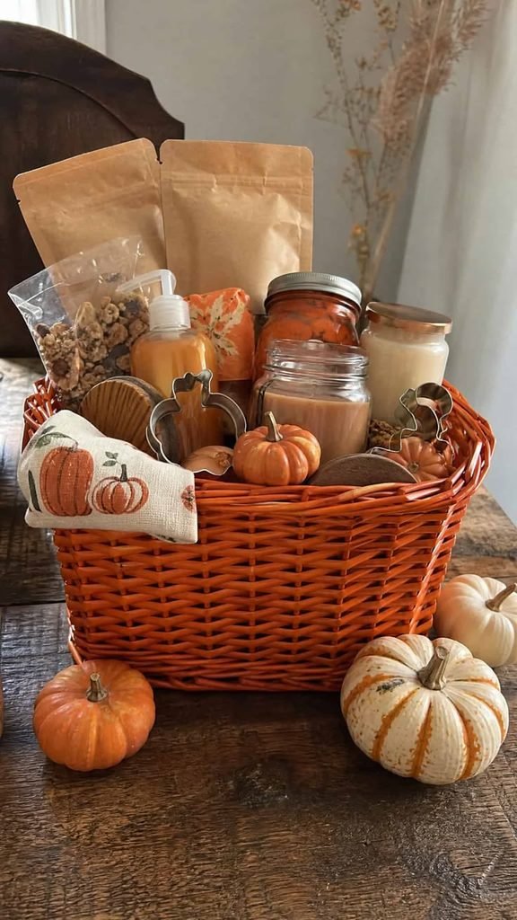 Pumpkin spice Halloween basket with mug coffee and treats