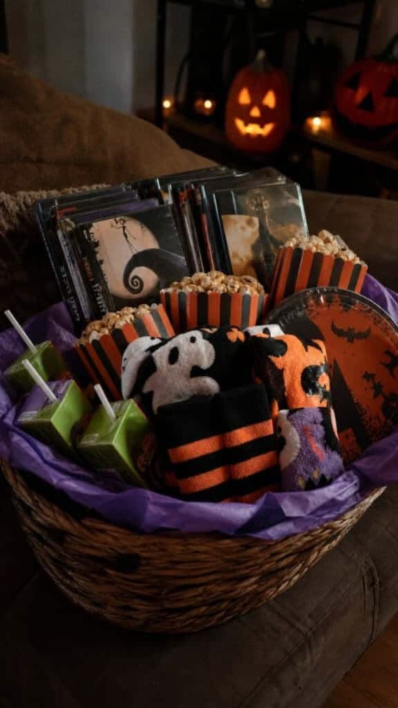 Halloween movie night basket with blanket popcorn mug and candy