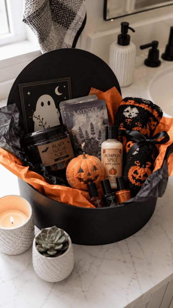 Spooky self care basket with bath products candle and cozy socks