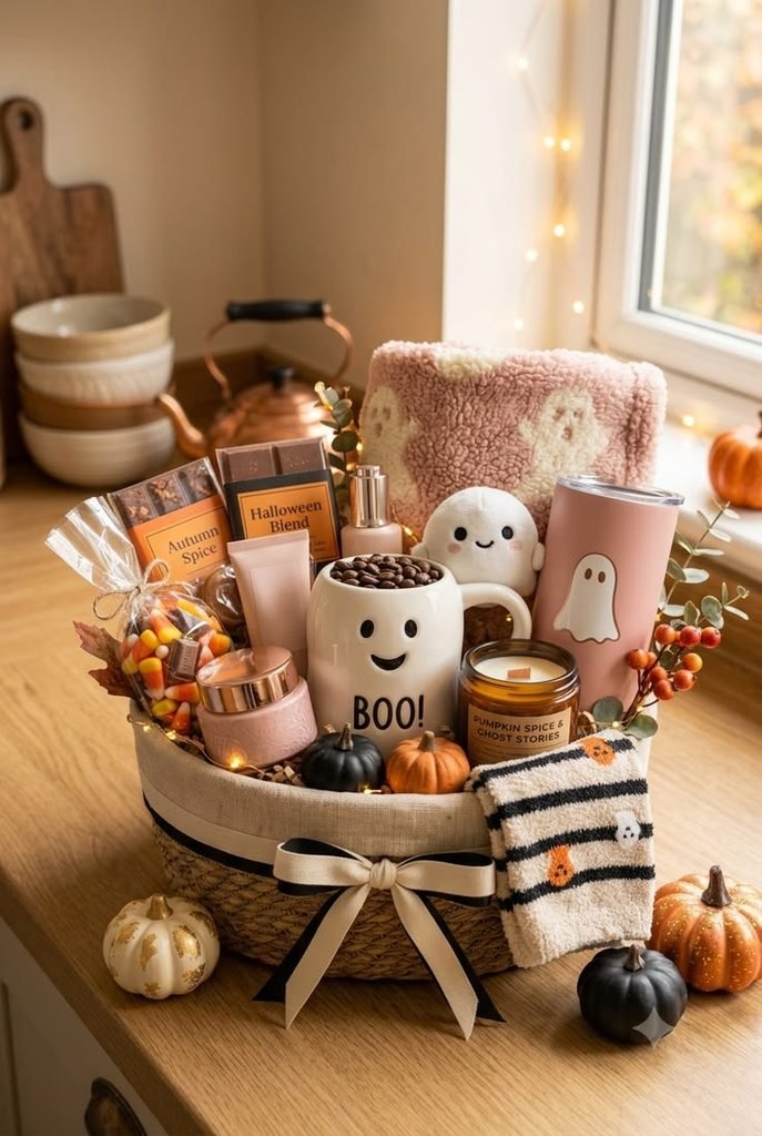 Ghost themed Halloween basket with ghost mug plush and treats