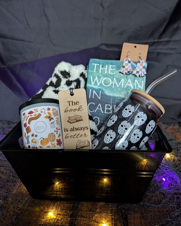 Halloween book lover basket with mystery novel mug blanket and tea