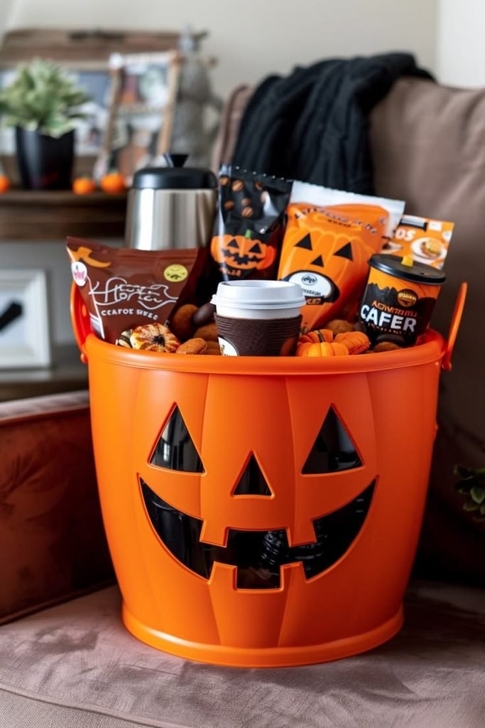 Classic black and orange Halloween gift basket with pumpkin mug