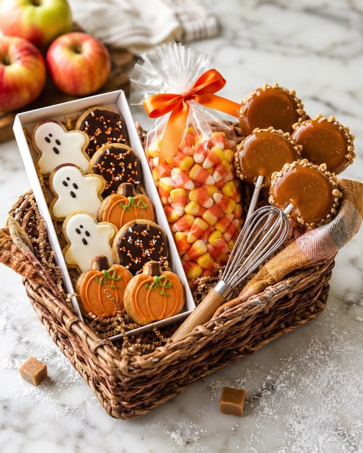 Halloween baking basket with cookie cutters sprinkles and kitchen tools
