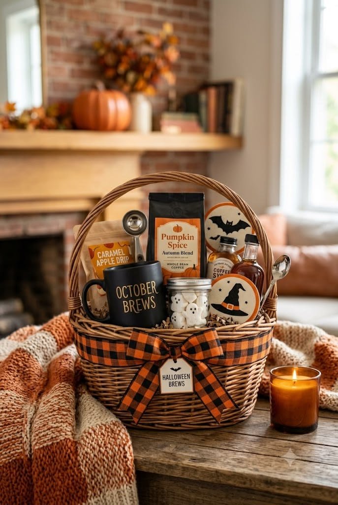 Halloween coffee basket with seasonal mug coffee and pumpkin spice syrup