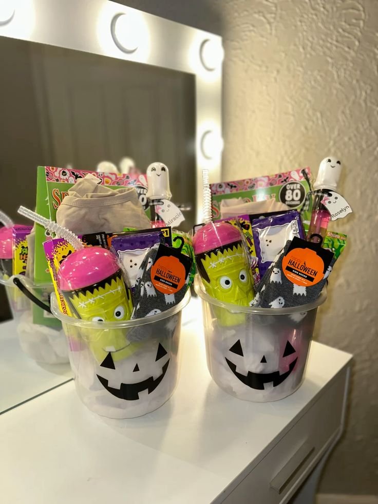 Cute monster Halloween basket with plush toy socks candy and tumbler