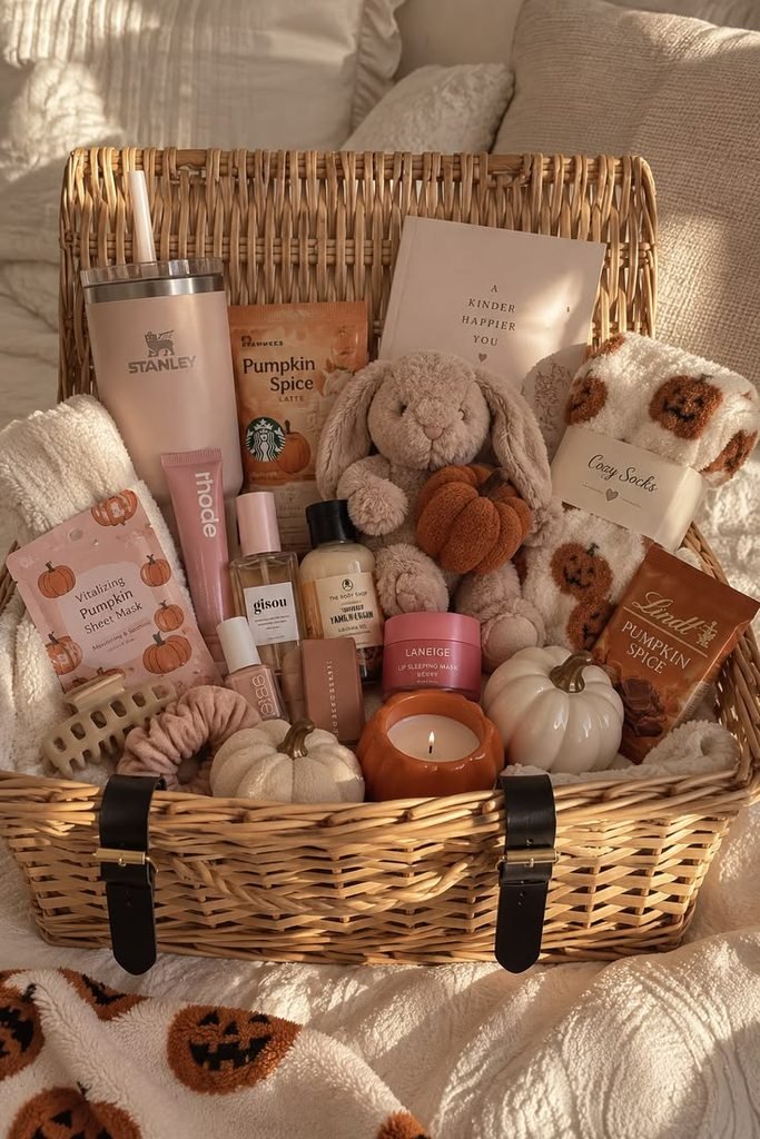 Halloween pamper basket with plush robe slippers and self care gifts