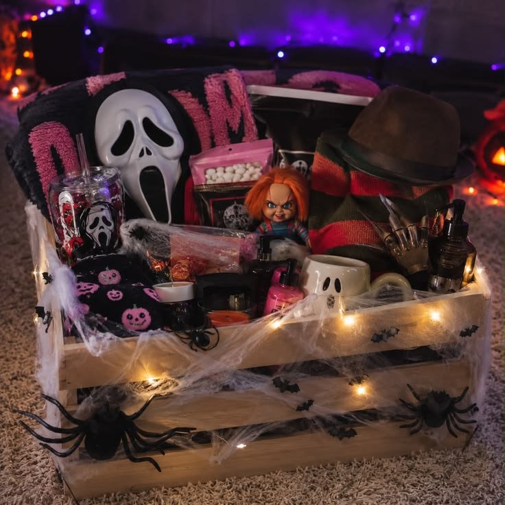 Horror movie Halloween basket with book popcorn mug and skull decor