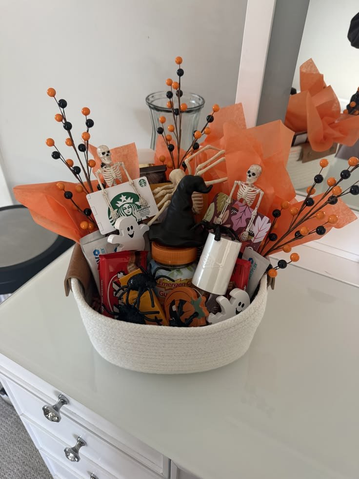 Halloween breakfast basket with mugs pancake mix coffee and maple syrup