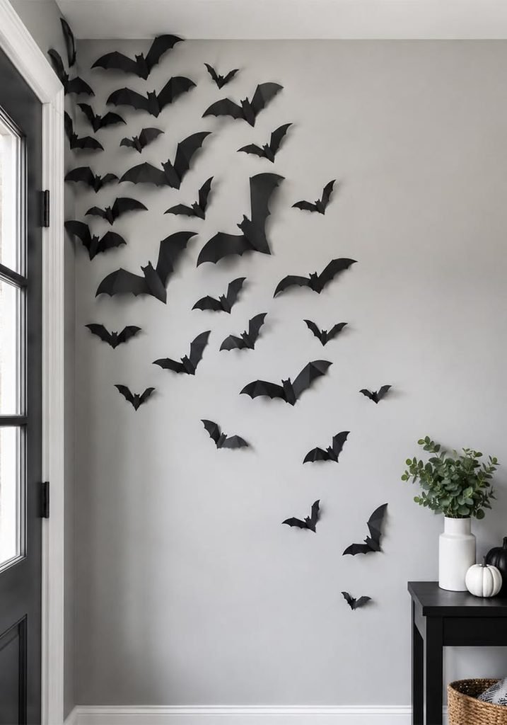 best halloween crafts Black paper bat wall art above a console table