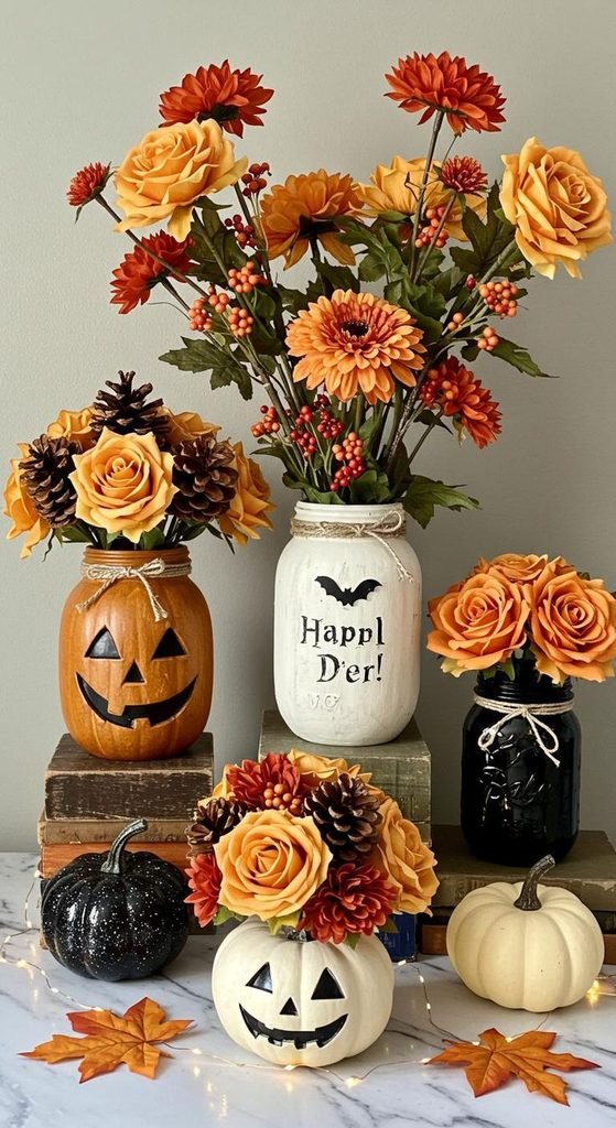 Painted mini pumpkin vases with dried autumn flowers