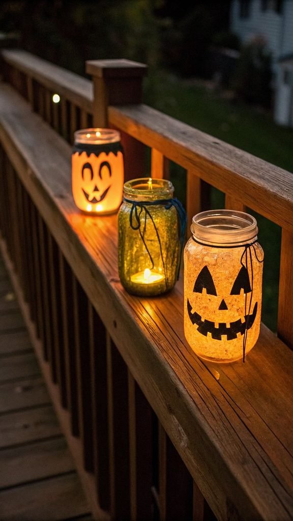 DIY Halloween mason jar lanterns glowing on a mantel