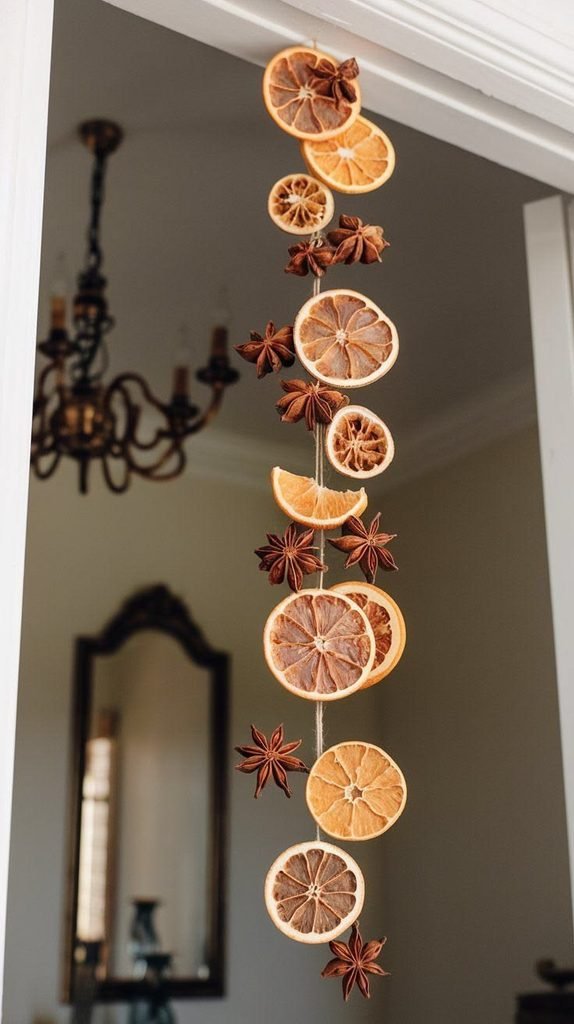Dried orange Halloween garland on a wooden mantel