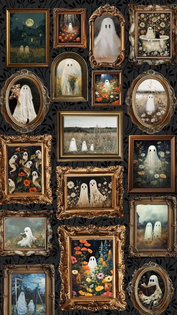 Vintage Halloween gallery wall with black frames and spooky artwork