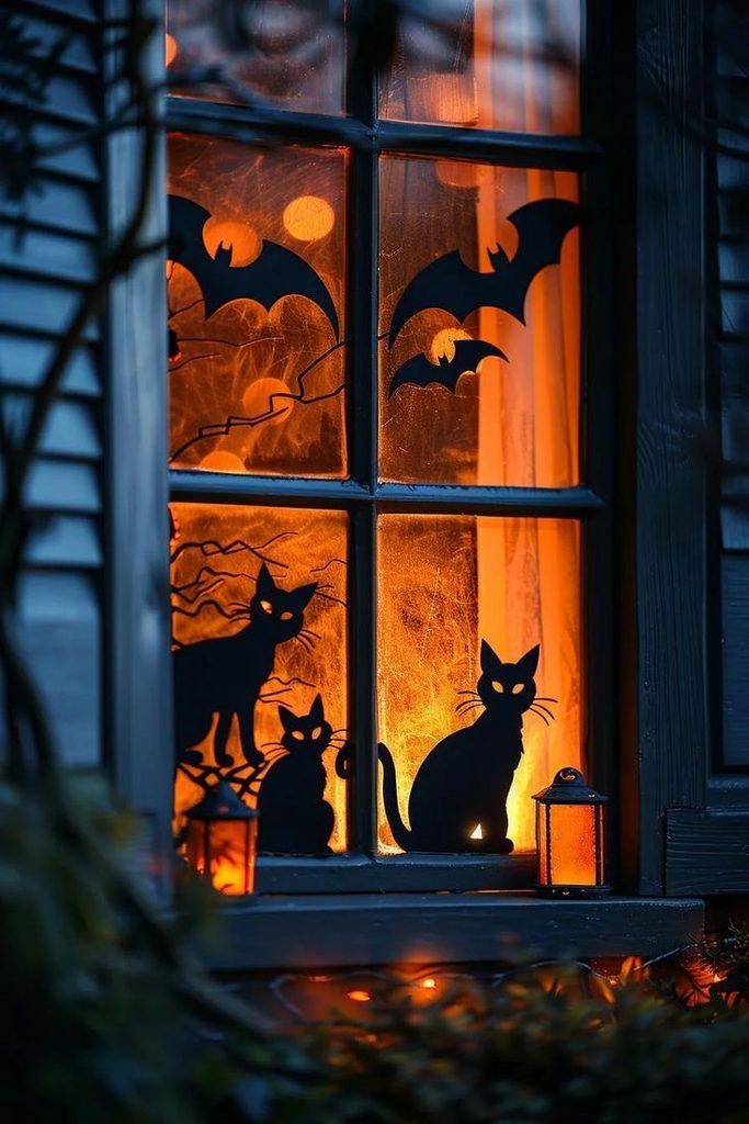 Black cat silhouette Halloween decorations on a mantel