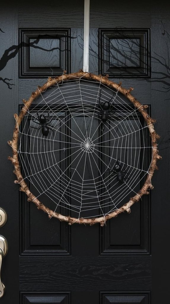 Black yarn spiderweb wall hanging for Halloween