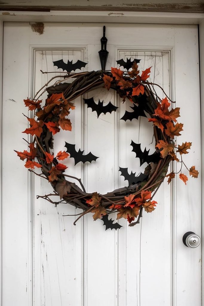 Handmade Halloween wreath with black bats and dried foliage