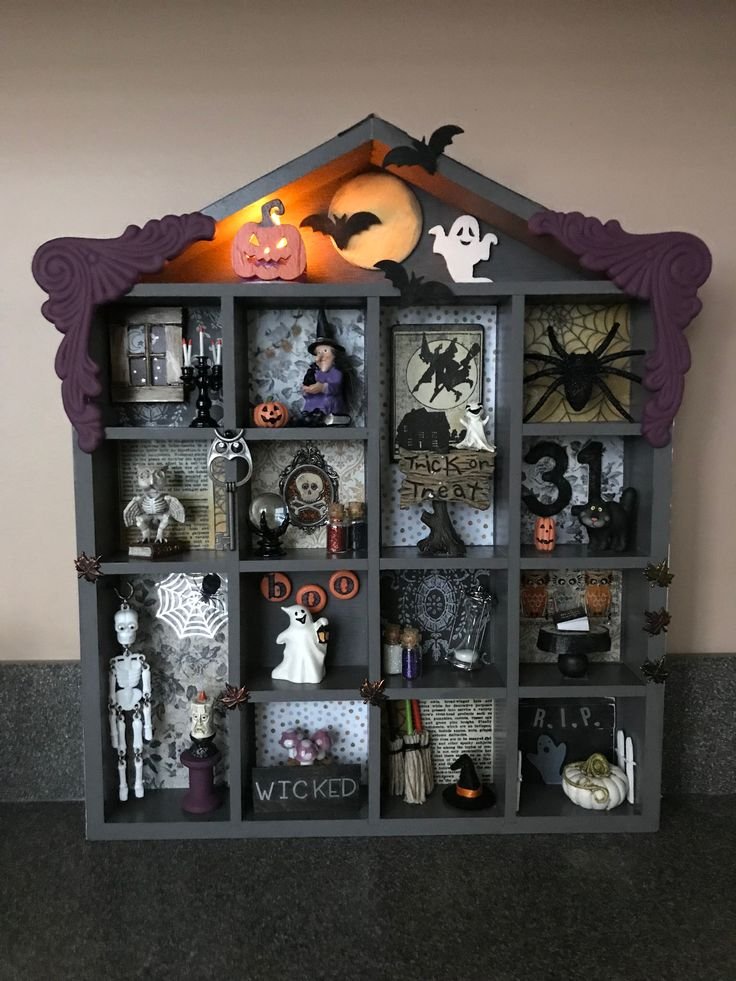 Handmade Halloween shadow box with haunted house scene
