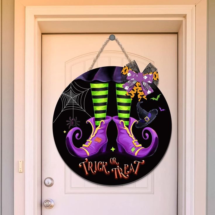 Hand painted wooden Halloween sign with a black cat