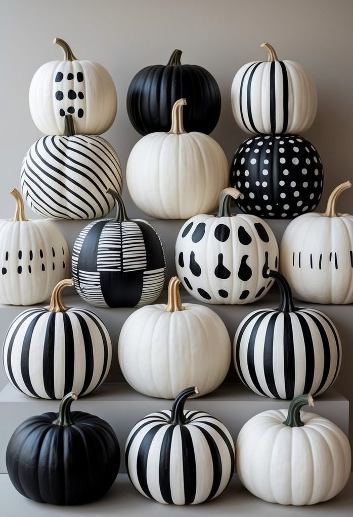 Black and white painted pumpkins on a console table