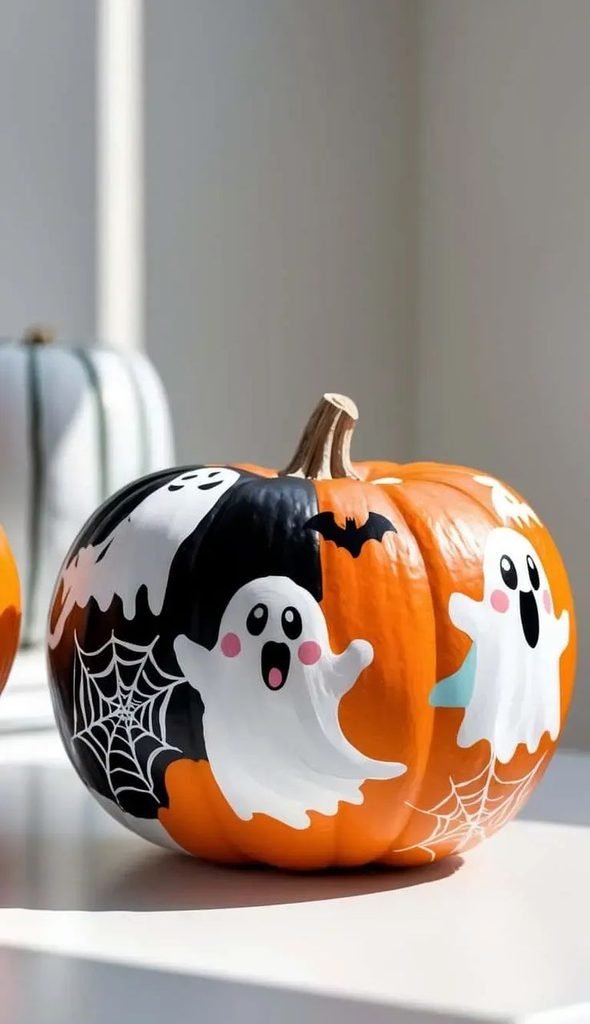 Cute ghost face pumpkin painting ideas on a shelf