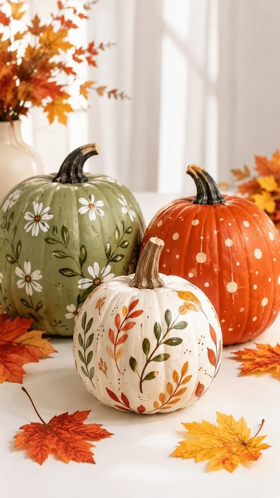 Floral painted pumpkin with pink and sage flowers